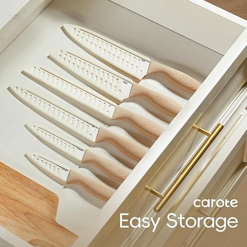 CAROTE 12PCS Knife set with Blade Guards,Granite Nonstick Ceramic Coating,Stainless Steel blade, Wood Grain Handle, Essential knife set,White thumbnail 5