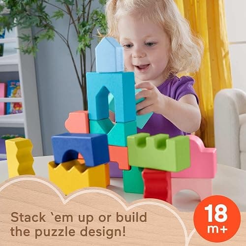 Fisher-Price Wood Toddler Toy Interlocking Blocks Stacking Jigsaw Puzzle with 20 Wooden Pieces for Kids Ages 18+ Months thumbnail 3