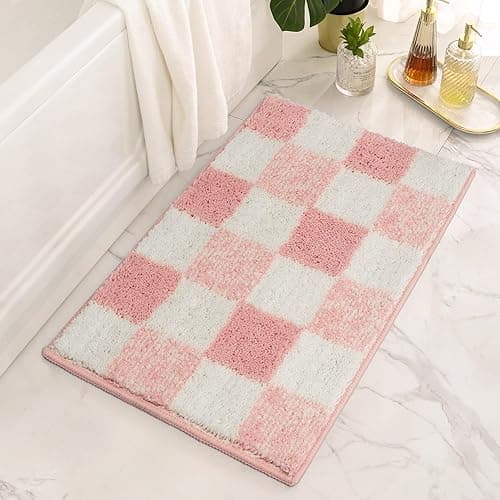 GRANNY SAYS Checkered Pink Bathroom Rugs Decor, 24" x 16", Fluffy Rug, Absorbent Microfiber Ultra Soft Bath Mat Washable, Non-Slip Bath Mats for Bathroom, Cute Floor Mat for Tub, Shower, Bedroom - Pink - 1'4" x 2' (Rectangular)