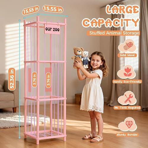 LAMU Stuffed Animal Storage, Wooden Zoo Stuffed Animal Holder with Elastic Cords, Space Save Toy Organizer, Extra Large Capacit Stuffed Animal Organizer for Playroom, Bedroom, Nursery, Pink thumbnail 3