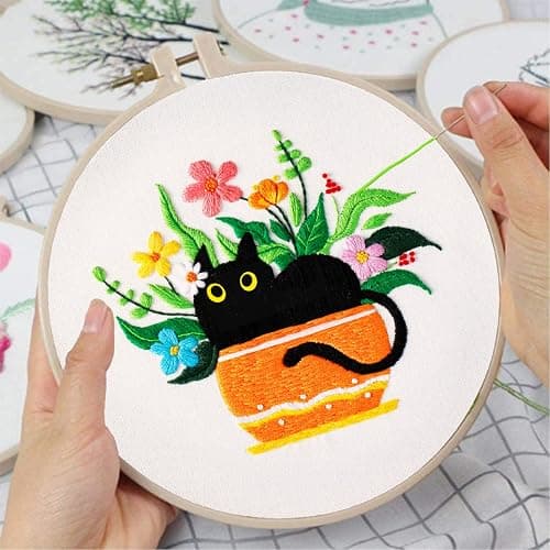 Louise Maelys Embroidery kit with Cat Plant Stamped for Starters, Cross Stitch Kits for Beginners Adults, Include Embroidery Cloth, Hoop,Needles,Instruction and Threads thumbnail 4