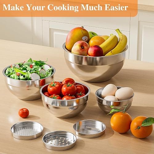 Winproper Mixing Bowls with Lids Set, 6 PCS Stainless Steel Mixing Bowls with 3 Grater Attachments, Kitchen Food Storage Organizers Nesting Mixing Bowl, Large Size 4.5, 3.5, 2.1, 1.5, 1.1, 0.7QT thumbnail 2