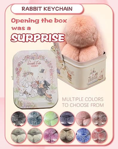 Bunny Keychain Keychain with Tin, Handmade Soft Bunny PomPom Charms for Christmas Birthday Gift thumbnail 2