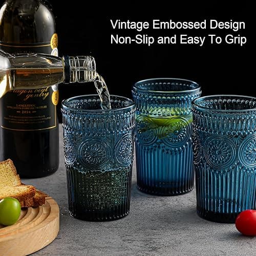 ZMOWIPDL Vintage Glassware Drinking Glasses Set of 6,13 oz Blue Textured Flower Design Glass Water Tumblers，Embossed Striped Drinkware for Water,Cocktails,Juice,Iced Coffee thumbnail 7
