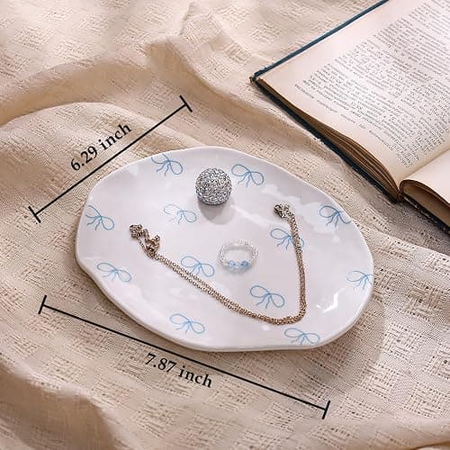 Koythin Ceramic Jewelry Tray, Cute Blue Bow Jewelry Dish for Women, Aesthetic Room Decor Trinket Dish for Birthdays Christmas Mother's Day (Blue Bow) thumbnail 3