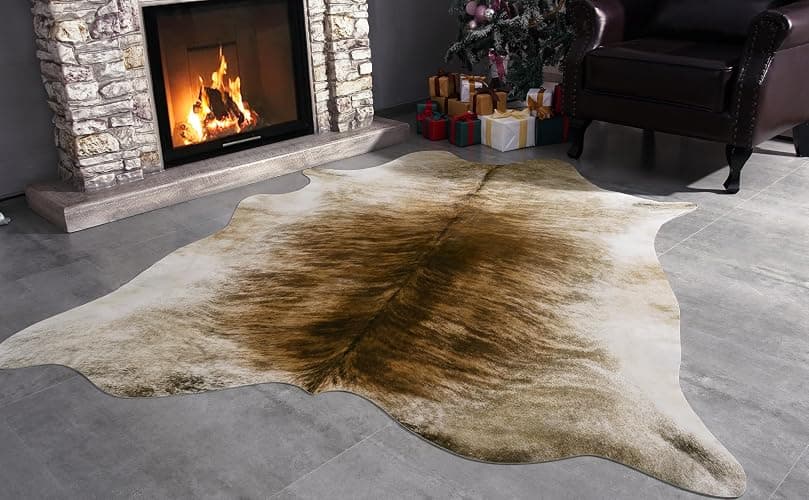AROGAN Western Decor Faux Fur Cowhide Rug, 6.2 x 5.2 Feet Premium Animal Skin Cow Hide Rug, Durable Cow Print Rugs for Wall Decor, Western Floor Carpet for Bedroom Living Room, Brownish thumbnail 5