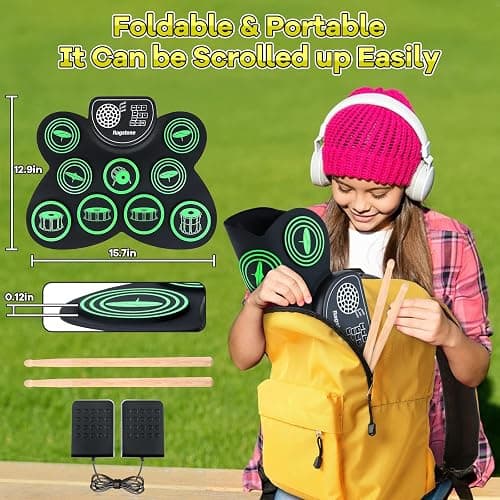 Ragstone Electronic Drum Set, Roll Up Drum Practice Kids Drum Set with Dual Stereo Speaker, MIDI, Foot Pedals, Drum Sticks, Ideal Electric Drumset Toy Gifts (Green (Dual Speaker)) thumbnail 6