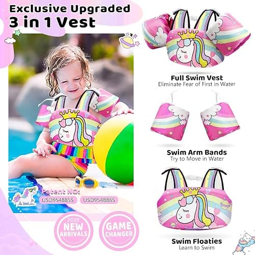 Vvinca Separable Toddler Swim Vest Fit 22-66 Lbs（1-6 Years）|2025 Newest 3 in 1 Pool Float & Arm Bands Boys and Girls, Adjustable Sturdy Safety for Infant 1 2 3 4 5 6 Year - A-Princess thumbnail 2