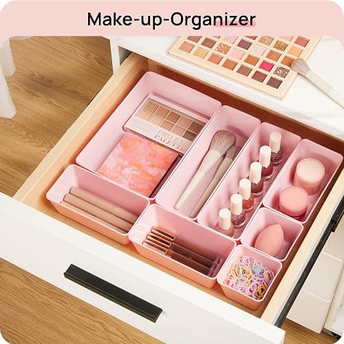 Vtopmart 25 PCS Plastic Drawer Organizers Set, 4-Size Versatile Bathroom and Vanity Drawer Organizer Trays, Storage Bins for Makeup, Bedroom, Kitchen Gadgets Utensils and Office | Plastic storage bins for organizing bathroom, bedroom, kitchen and office drawers. thumbnail 4
