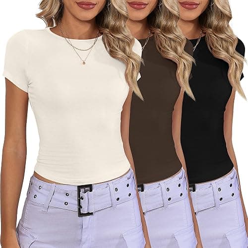 Riyiper 3 Pcs Women's Short Sleeve Crop Tops, Boat Neck Slim Fitted Cropped Shirts Workout Basic Tops thumbnail 2