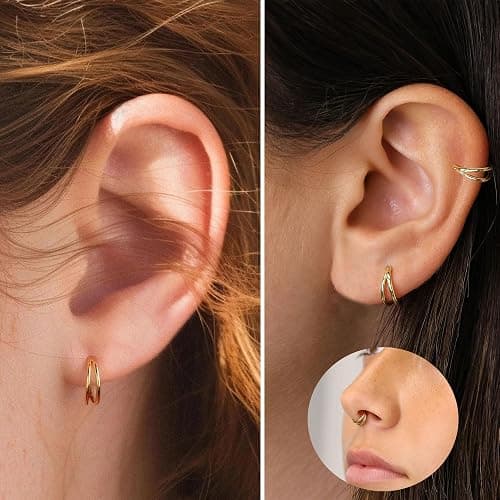 2 PCS Small Cartilage Double-Hoop Helix Conch Piercing Earrings With Cubic Zirconia For Women Trendy 14K Gold Plated Stainless Steel Sets Jewelry thumbnail 4