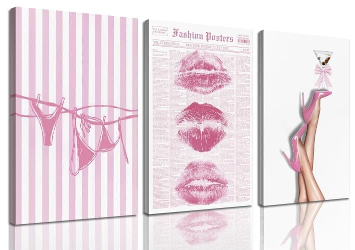 3Pcs Trendy Coquette Wall Art Pink Lips Bikini & Bow Heels Wall Decor Pictures Vintage Martini Newspapaer Canvas Posters Prints for Y2K Girly Room Dorm Apartment Preppy Aesthetic Decor 16x24in - Image 1