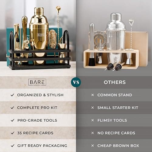 BARE BARREL® Mixology Bartender Kit Bar Set | 14-Piece Cocktail Shaker Set | Martini Barware Mixing Tools for Home Bartending | 35 Recipe Cards | Gift Set (24oz Cobbler Shaker, Gold/Black) thumbnail 6