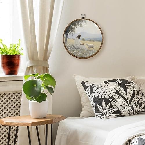 Qskjre Vintage Easter Christian Wall Art Decor, Religious Jesus Sheep Round Wood Framed Canvas Wall Artwork, Farmhouse Lamb Hanging Prints for Church Living Room Bedroom Decorations 10x10inch thumbnail 3