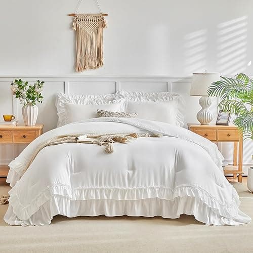 White Ruffle Comforter Set King Size, 3 Pieces Vintage Farmhouse Shabby Chic Comforters, Solid Color Lightweight Soft Fluffy Bedding Sets for All Season (1 Ruffled Comforter + 2 Pillow Shams) thumbnail 2