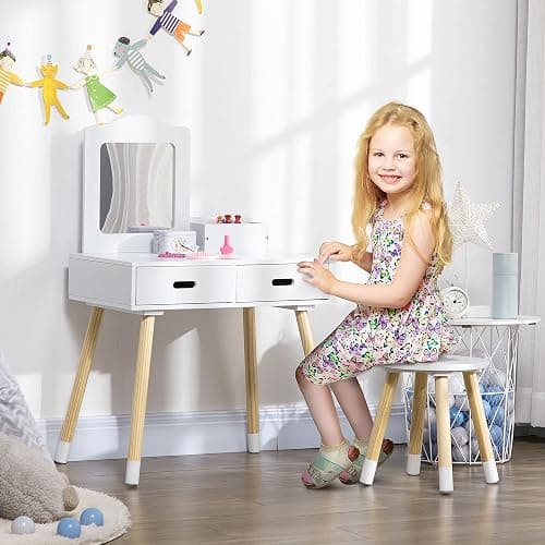 ZONEKIZ Coiffeuse Enfant Table de Maquillage avec Tabouret Miroir et 2 tiroirs 3 à 6 Ans - 60 x 40 x 95 cm - Blanc et Bois thumbnail 2