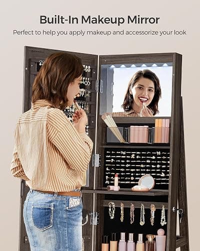SONGMICS 6 LEDs Lockable Mirror Jewelry Cabinet, 360° Swivel Jewelry Organizer Armoire Standing, Frameless Full-Length Mirror, 3 Storage Shelves, Christmas Gifts, Ash Brown, Black Lining UJJC007K02 thumbnail 7