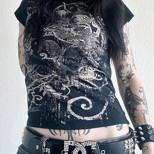 Grunge Graphic Tees for Women Y2k Vintage Gothic T Shirt Teen Girls Aesthetic Emo Baggy Tops 2000s Alternative Clothes thumbnail 2