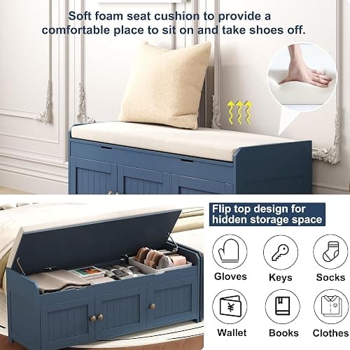 HOMEFORT 41.3" Shoe Bench with Lift Top Storage, Entryway Bench with Cushioned Seat, Wooden End of Bed Bench, Shoe Cabinet Bench with Hidden Storage Space, for Bedroom, Hallway,Blue thumbnail 5