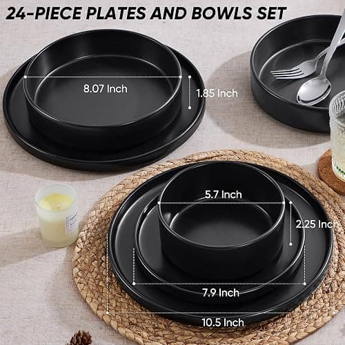 E-far Black Dinnerware Sets with Pasta Bowls, 24-Piece Stoneware Plates and Bowls Sets for 6 | Microwave & Dishwasher Safe Kitchen Modern Dish Set, Matte Black thumbnail 3