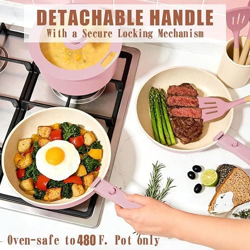 Umite Chef Pots and Pans Set Non Stick, 21 pcs Nonstick Ceramic Cookware Set, RV Kitchen Cooking Set with Detachable Handles, Oven Safe, Induction Cookware, Stackable, Pink, PFAS PFOA & PTFE Free thumbnail 9