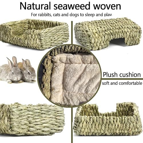 KitKni Natural Seaweed Pet Bed with Plush Cushion, 4 Woven Balls, Handmade Tetragonal Pet Basket, Cozy Indoor Den for Rabbits, Cats and Small Dogs thumbnail 4