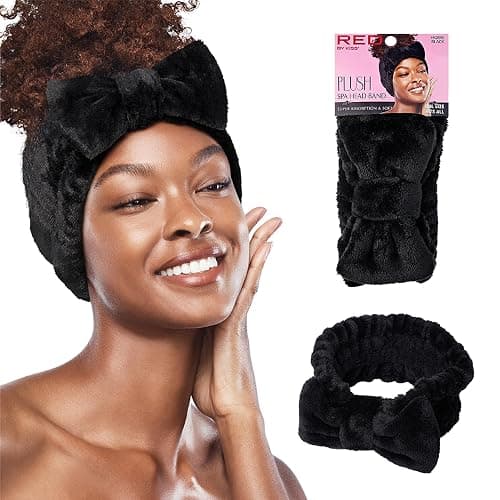Red by Kiss Spa Headband for Washing Face Facial Makeup Bow Head Band Soft Plush Fleece Stretchy Head Wraps for Women Shower Bath Washing Face Mask (BLACK) - Image 1
