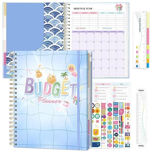 Ospelelf Budget Planner Undated, Money Expense Tracker with Pockets & Stickers, Thick Cardboard Cover, Large Pages for Spacious Writing, Original Fun Colorful Design, 12 Month Financial Notebook, Blue Pool - Image 1