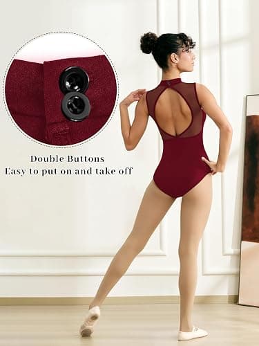 Tegmk Women Mock Neck Ballet Leotards for Dance, Asymmetrical Mesh Splicing, Chest Padding, Big Hollow Back thumbnail 6