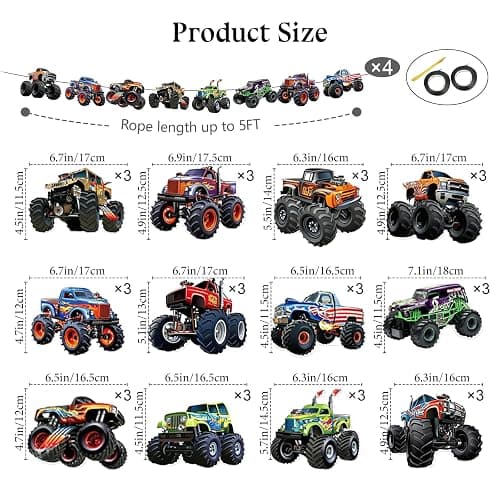 Monster Truck Happy Birthday Banner Truck Car Birthday Decorations Racing Theme Party Decorations Party Decoration Supplies Suitable for Boys Girls Baby Children Decoration thumbnail 7