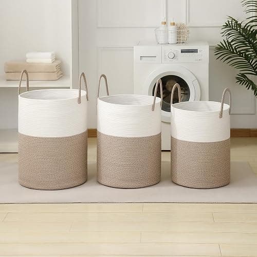 Laundry Basket Hamper Tall Rope Storage Woven for Blanket Toys Dirty Clothes in Living Room Bathroom Bedroom White & Brown 60L/15.8Gal thumbnail 9