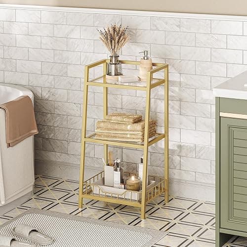 HOOBRO Gold Glass Shelf Stand, 3 Tier Standing Shelf Unit, Bathroom Organizer and Storage, Floor Storage Shelves Waterproof, for Bathroom, Laundry, Toilet, Tempered Glass, Gold GD77CJ01 thumbnail 4