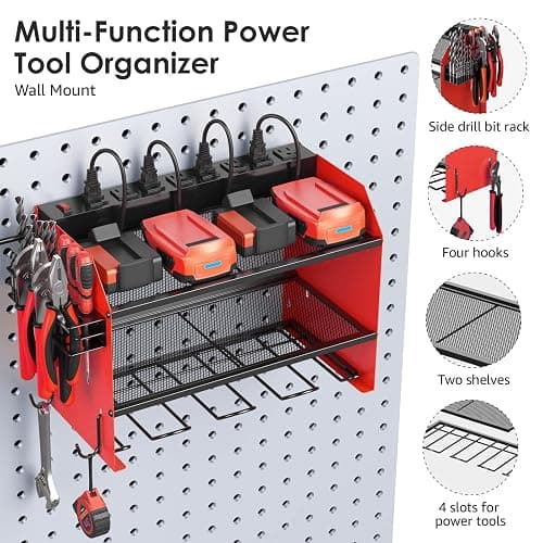 CCCEI Modular Power Tool Organizer Wall Mount with Charging Station. Garage Drill Storage Shelf with Hooks, Heavy Duty Rack, Tool Battery Holder Built in 8 Outlet. Gift for Men. Red, 1 Pack. thumbnail 7