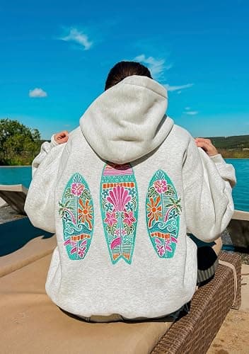 Yiulangde Women Teen Girls Cute Embroidered Flower Ocean Graphic Hoodies Coastal Preppy Long Sleeve Pocket Hoodie Sweatshirts thumbnail 6