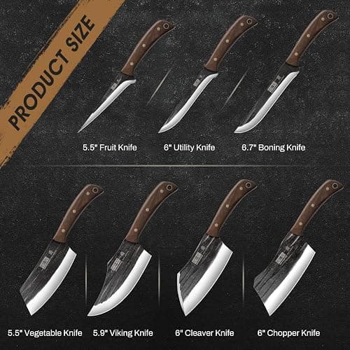 HOSHANHO Butcher Knife Set, Sharp Kitchen Knife Set & Roll Bag Gift for Men | Hand Forged 8PCS Butcher Chef Knife Set with Meat Cleaver Knife & Bone Chopper Knives & Fillet Knives for Home, Camping, BBQ thumbnail 3