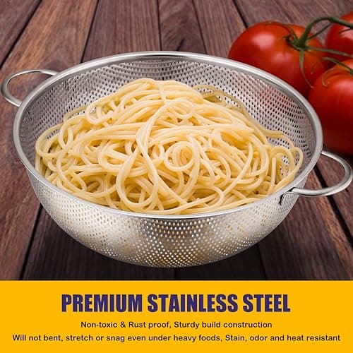 E-far Stainless Steel Colander Set of 3 (1-3-5Quart), Micro-Perforated Metal Colander Strainer with Handle for Kitchen/Draining Pasta/Rinsing Vegetables Fruits, Heavy Duty & Dishwasher Safe - 1 + 3 + 5 QT thumbnail 5