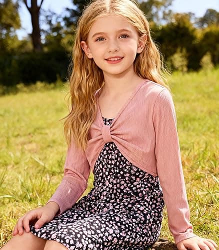 Kimoda Girls 2 Piece Outfits Adjustable Shoulder Strap Cami Dress with Long Sleeve Cardigan Set for 5-14 Years thumbnail 3