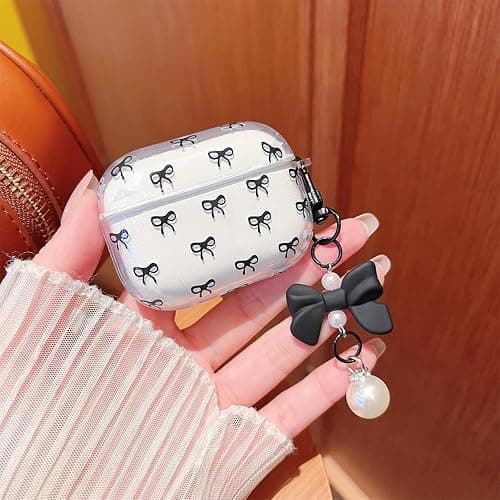 MINSCOSE Compatible with AirPods Pro 2 Clear Case,Cute Bow Pattern Pretty Ribbon Aesthetic Design with Bow Pearl Keychain,Soft TPU Protective Shockproof Case for Women Girl for AirPods Pro 2-Black thumbnail 2