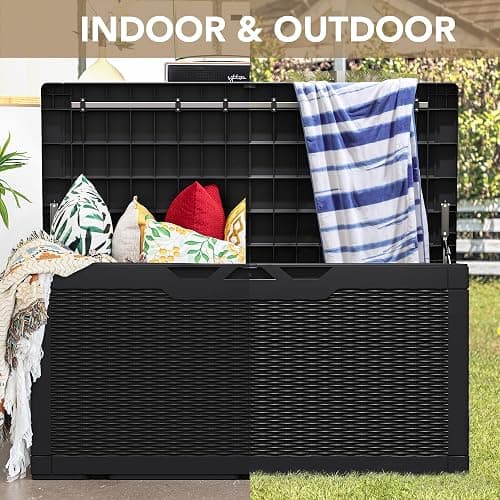 Devoko 100 Gallon Waterproof Large Resin Deck Box Indoor Outdoor Lockable Storage Container for Patio Furniture Cushions Garden Tools (100 Gallon, Black) thumbnail 9
