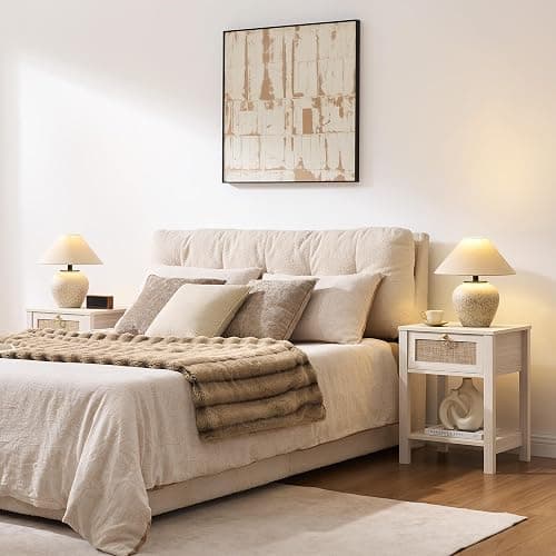 SICOTAS White Nightstand Set of 2,Rattan Decor Drawer with Brass Knobs Night Stand Bedside Table Boho End Tables Side Tables with Storage Shelf for Bedroom,Small Space thumbnail 3