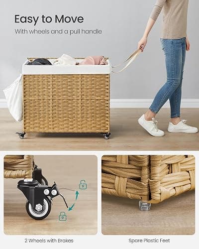SONGMICS Laundry Hamper with Lid, 42.3 Gallons (160 L), Rolling Laundry Basket with Wheels, 3-Section Synthetic Rattan, Removable Liner, Bedroom, 29.9 x 13 x 26 Inches, Natural ULCB365N01 thumbnail 5