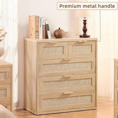 LEYAOYAO Rattan Dresser for Bedroom, 33.5" Tall Chest of Drawers, Modern 5 Drawers Boho Dressers with Storage, Light Oak Dresser Wooden Closet Organizer for Living Room, Hallway, Natural Wood thumbnail 7