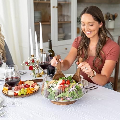 Oria Cook Large Glass Salad Bowl with Lid Set, 5.7 L Decorative Glass Mixing Bowl, Trifle and Serving Bowls with Lids as Cheese Charcuterie Board and Plate, Comes with Wood Serving Utensils thumbnail 7