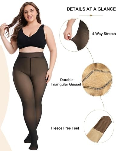 CozyWow Women's Plus Size Fleece Lined Tights, Faux Sheer | Fake Translucent, Thick Warm Thermal Tights for Winter, Plus-size Curve fit 1X–3X, Comfortable for All Day Wear thumbnail 3