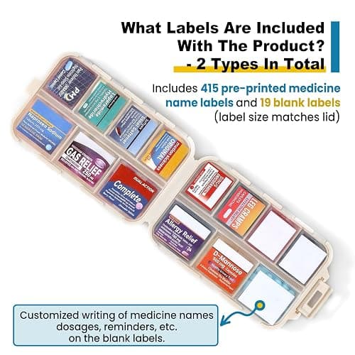 14 Grids Travel Pill Organizer Box with 415-Pcs Medicine Name Labels - Pocket Daily Pharmacy Case Container Kit - Travel Medication Holder Dispenser for Fish Oil Vitamin Supplement Storage - Khaki thumbnail 3