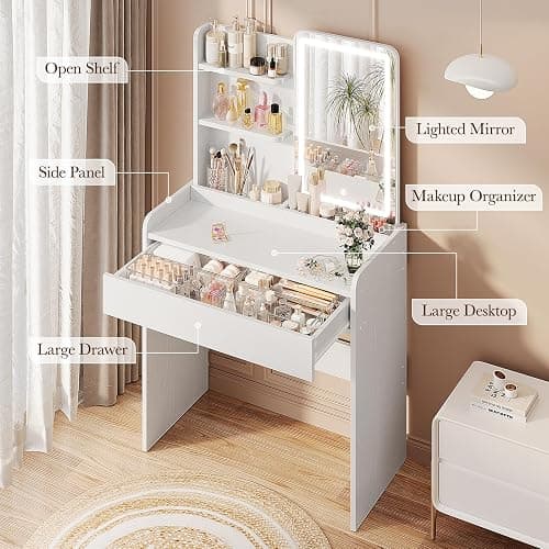 Memobarco Small Vanity Desk with Mirror and Lights, Makeup Vanity with Drawer & Storage Shelves, Vanity Desk with 3 Lighting Modes & Adjustable Brightness, Dressing Table for Women Girls Bedroom,White thumbnail 5