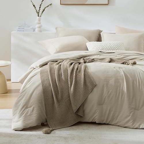 WRENSONGE Oversized Queen Comforter Set - 7 Pieces Light Oatmeal Bed in a Bag Queen with Sheets, 2 Pillow Shams, and 2 Pillowcases- Warm Bedding Sets Queen for All Season thumbnail 2
