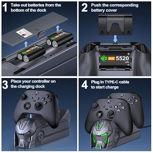 Charger Station with 2x5520mWh Rechargeable Battery Pack for Xbox One/Xbox Series X Controller, Dual Charging Dock with 4 Battery Covers (Grey) thumbnail 6
