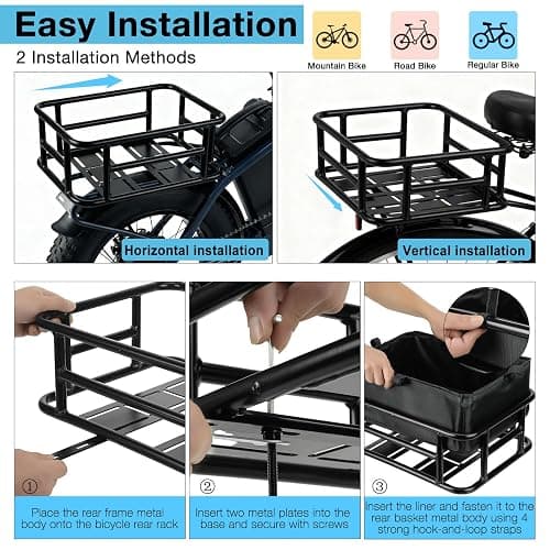 Bike Basket Rear - Large Capacity Heavy Duty Bicycle Basket with Liner,Cargo Net,Waterproof Cover - Ebike Accessories for Adult Bikes,Electric Bike,Carrying Grocery,Ball,Dog thumbnail 7
