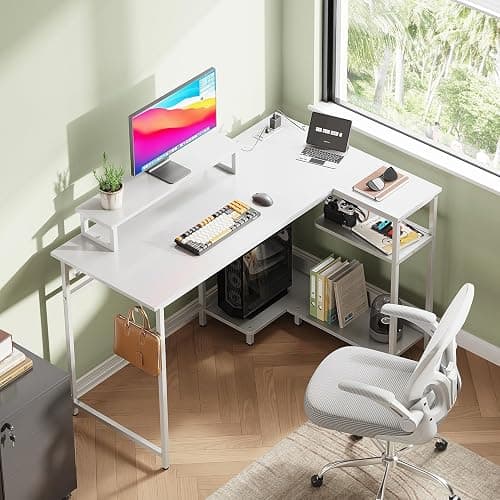 DEVAISE 47 Inch L Shaped Gaming Desk with LED Lights & Power Outlets, Corner Desk for Small Spaces, Sturdy PC Computer Table with Storage for Home Office, White thumbnail 7